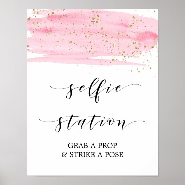 Poster Panneau de station de selfie rose aquarelle et or (Devant)