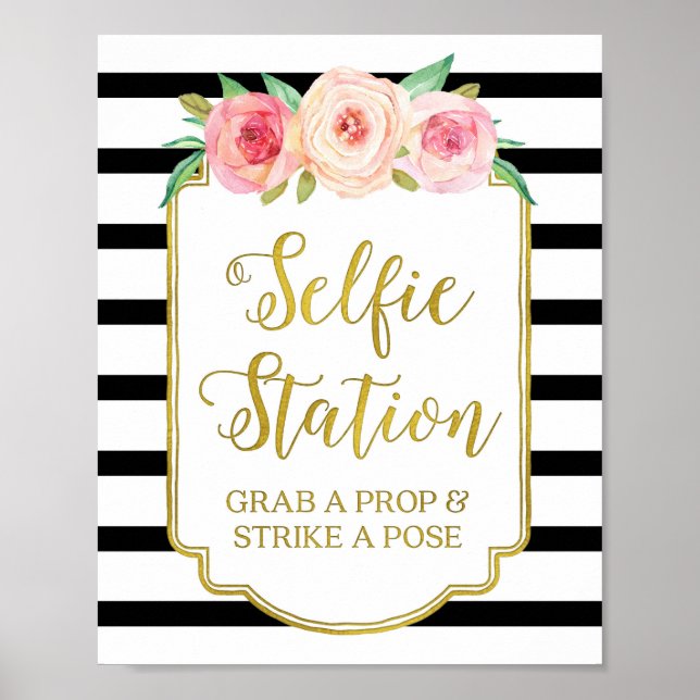 Poster Panneau de Station Selfie Fleurs Roses Bandes Noir (Devant)