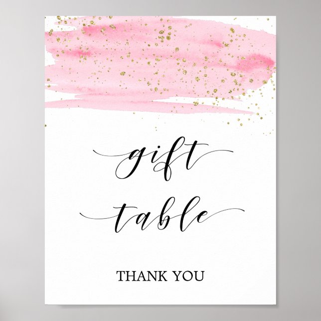Poster Panneau de table cadeau rose blush et or aquarelle (Devant)