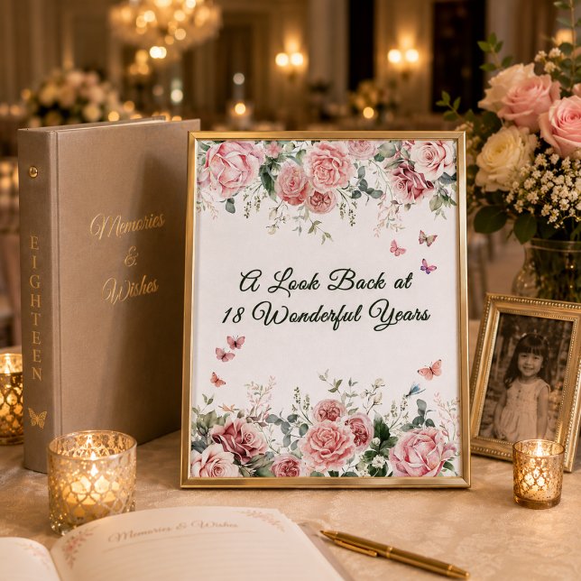 Poster Panneau de table de mémoire papillon (Elegant framed memory table sign with blush roses, butterflies, and romantic debut styling.)
