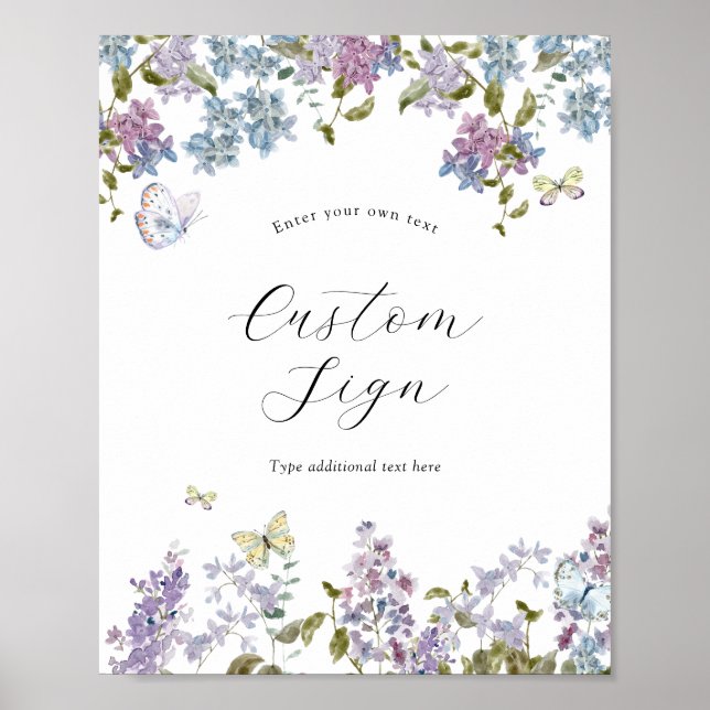 Poster Panneau de texte personnalisé papillons et lilas (Devant)