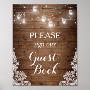Poster Panneau d'or Rustique Bois String Lights