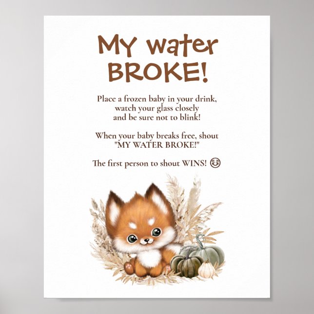 Poster Panneau du Baby shower d'automne Fox My Water Brok (Devant)