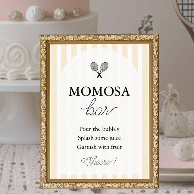 Poster Panneau du Baby shower de tennis chic jaune Momosa (elegant yellow momosa bar sign for tennis theme chic preppy baby shower event)