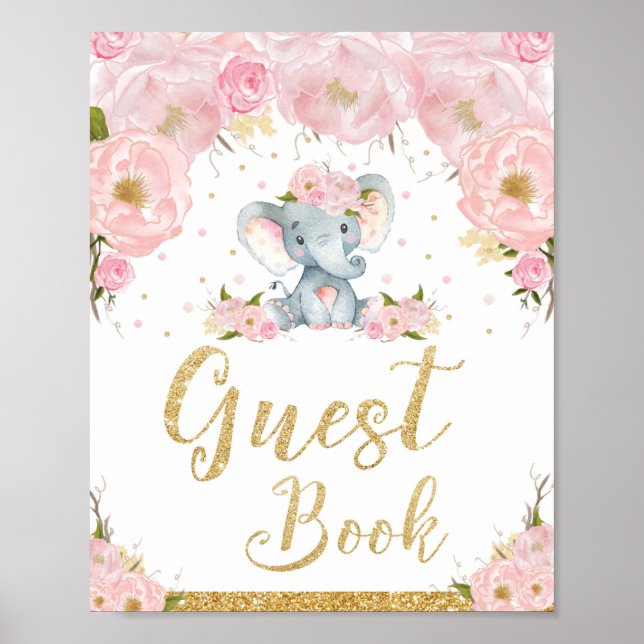 Poster Panneau du Baby shower Eléphant Rose Floral (Devant)