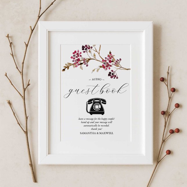 Poster Panneau du livre d'invité Rustic Mariage Audio (fall bridal shower theme audio guestbook burgundy red and brown botanicals 
)