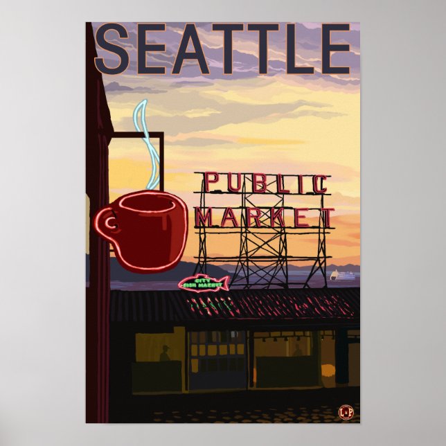 Poster Panneau du marché de SeattlePike Place et vue sur  (Devant)
