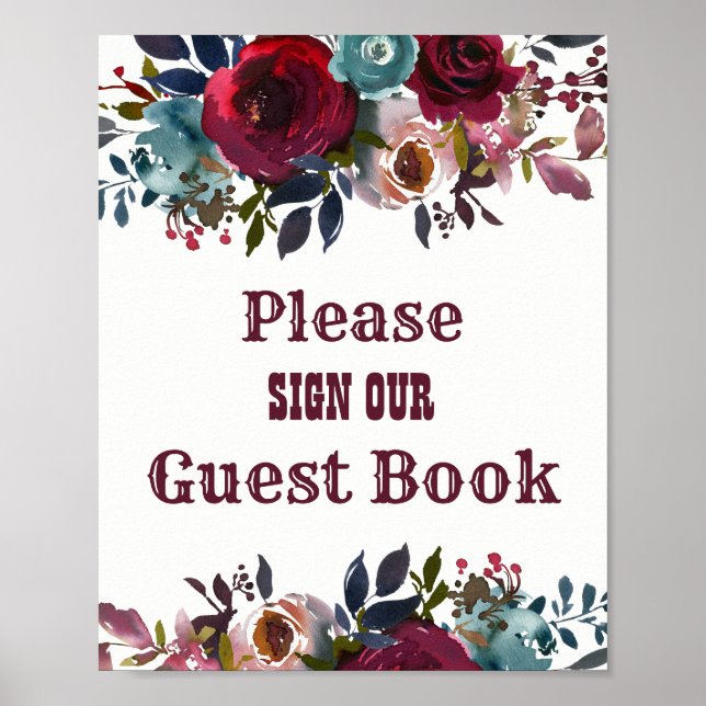 Poster Panneau du Mariage du livre d'hôtes Floral rouge d (Devant)