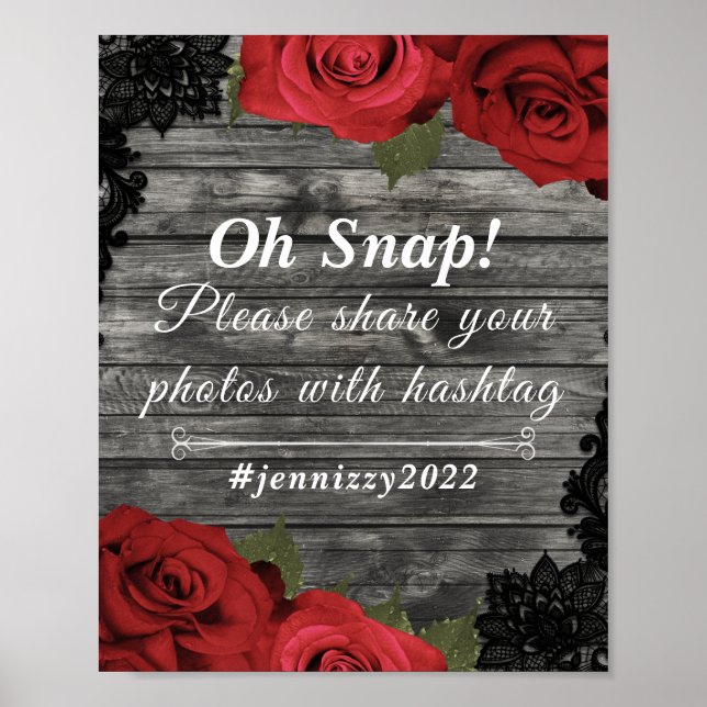 Poster Panneau du Mariage Red Roses Rustic Black Lace (Devant)