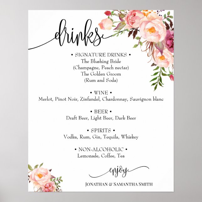 Poster Panneau du menu des boissons mariage floral rose b (Devant)