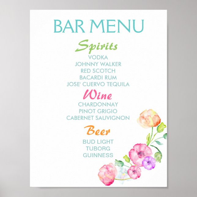 Poster Panneau du menu du bar - fleurs d'aquarelle de la  (Devant)
