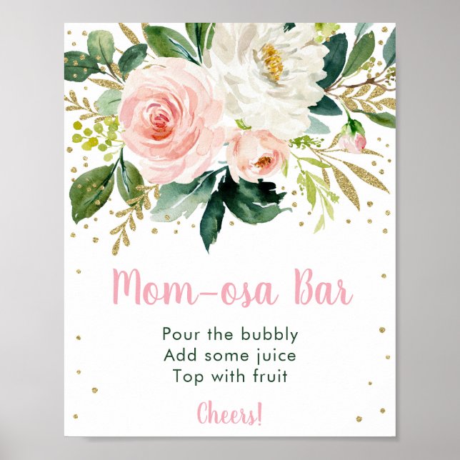 Poster Panneau Floral Blush Gold Baby shower Mom-osa Bar (Devant)