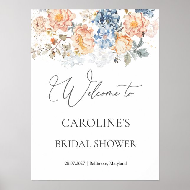 Poster Panneau Floral Peach Blush Blue Fête des mariées (Devant)