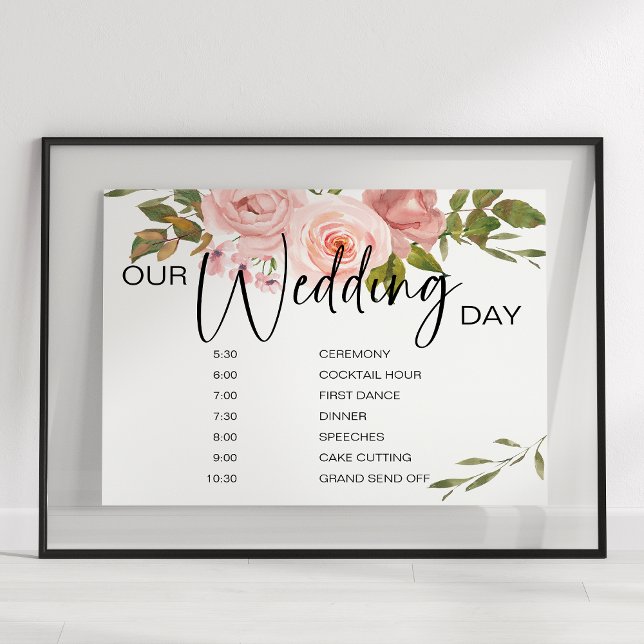 Poster Panneau Horaire du Mariage Floral Roses Roses Rose (Créateur téléchargé)