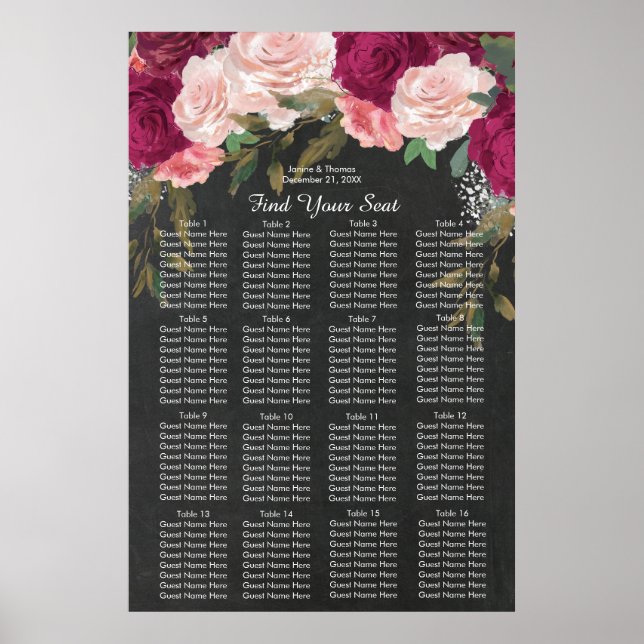Poster panneau mariage à fleurs rose bordeaux (Devant)