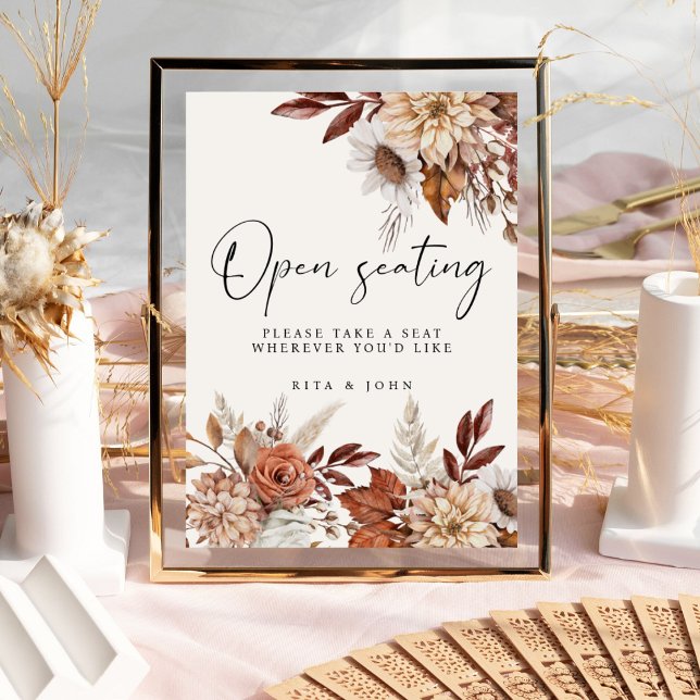 Poster Panneau Mariage à siège ouvert fleuri Boho Crème (Créateur téléchargé)