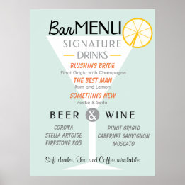 Poster Panneau mariage Bar, signature cocktail, Boisson.