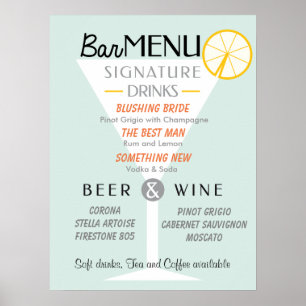 Poster Panneau mariage Bar, signature cocktail, Boisson.