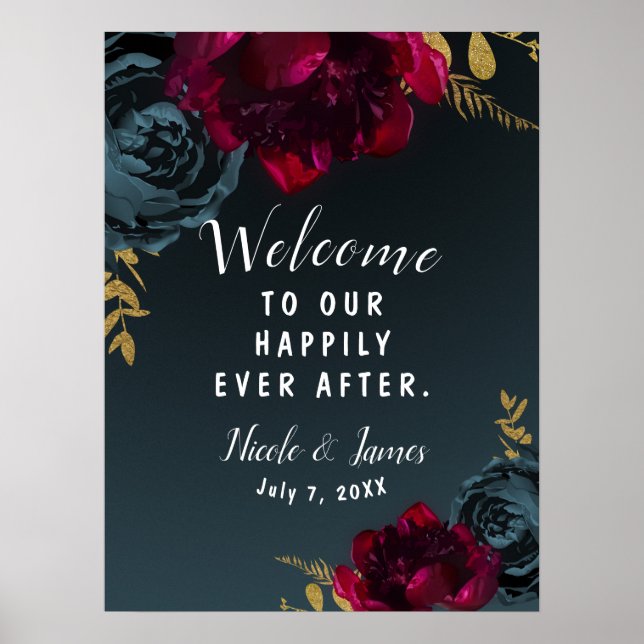 Poster Panneau Mariage bleu foncé Moody Floral Gold (Devant)