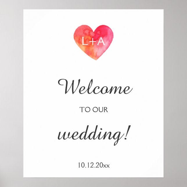 Poster Panneau mariage de bienvenue, coeur aquarelle, ini (Devant)