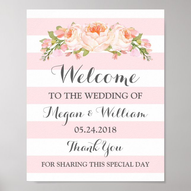 Poster Panneau Mariage de bienvenue Fleurs roses Grandes (Devant)