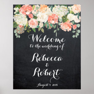 Poster Panneau mariage de bienvenue peach ivoire fleuri t
