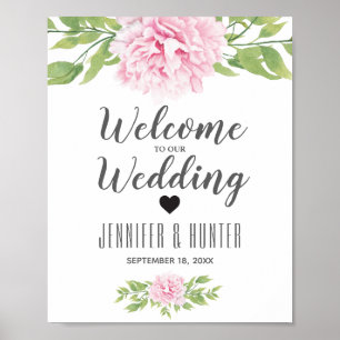 Poster Panneau Mariage de bienvenue Pink Peony Aquarelle 