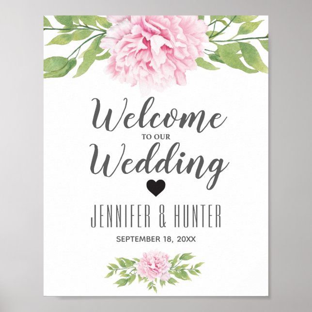 Poster Panneau Mariage de bienvenue Pink Peony Aquarelle  (Devant)