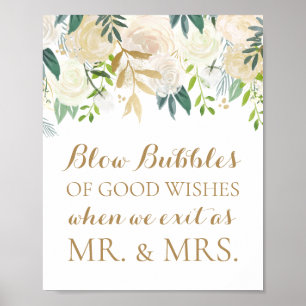 Poster Panneau Mariage de fleurs d'or bulles de bons voeu