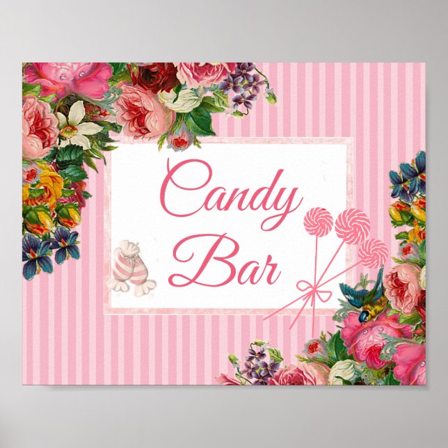 Poster Panneau Mariage de la barre de bonbons rose Floral (Devant)