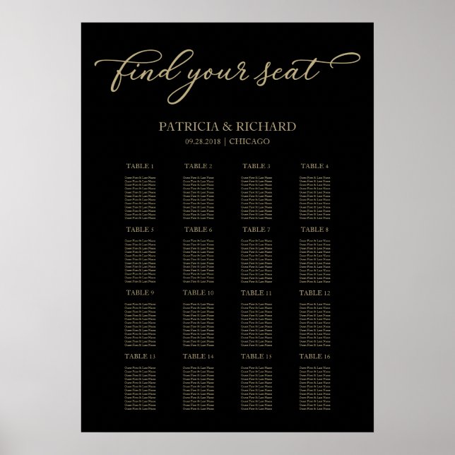 Poster Panneau mariage de la carte de siège Chic Gold Noi (Devant)