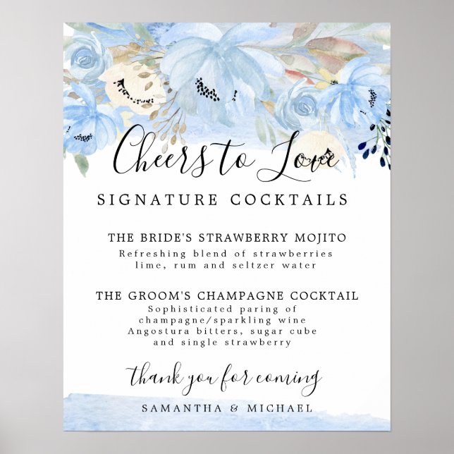 Poster Panneau Mariage de la signature Florale Bleue Cock (Devant)