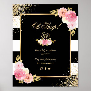 Poster Panneau Mariage de médias sociaux Black Gold Rose