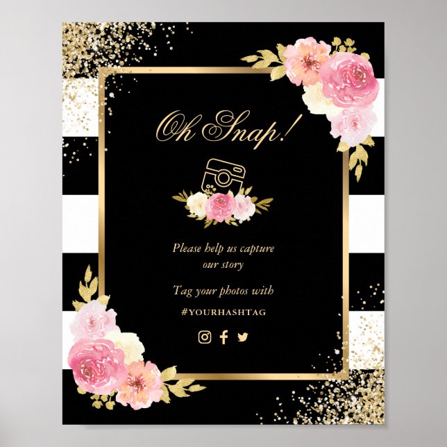 Poster Panneau Mariage de médias sociaux Black Gold Rose (Devant)