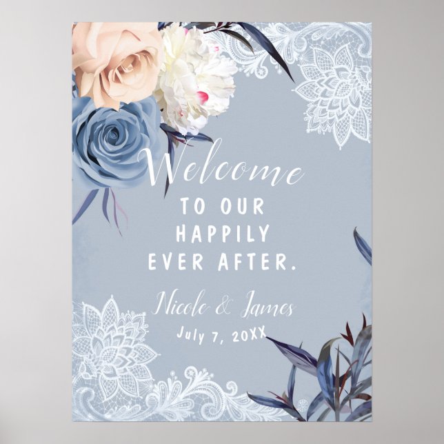 Poster Panneau Mariage dentelle florale bleu foncé et bra (Devant)