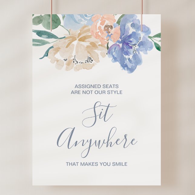Poster Panneau Mariage Dusty Blue Florals (Dusty Blue Florals Sit Anywhere Wedding Sign)