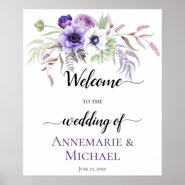 Poster Panneau Mariage floral blanc lavande violette (Devant)