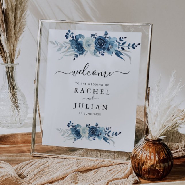 Poster Panneau mariage floral bleu aquarelle (Créateur téléchargé)