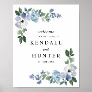 Poster Panneau mariage floral bleu et vert