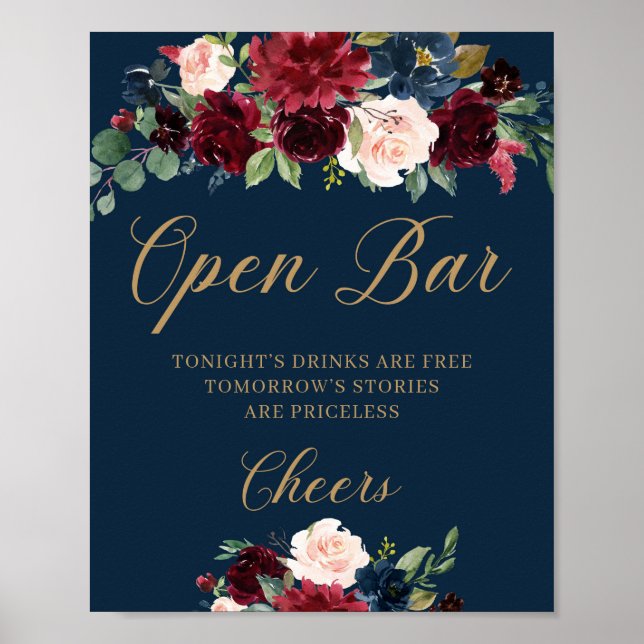 Poster Panneau mariage floral boho bordeaux de la marine (Devant)