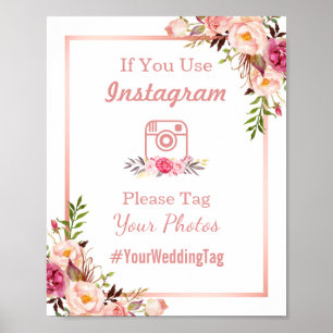 Poster Panneau Mariage Instagram Floral or Rose classiq