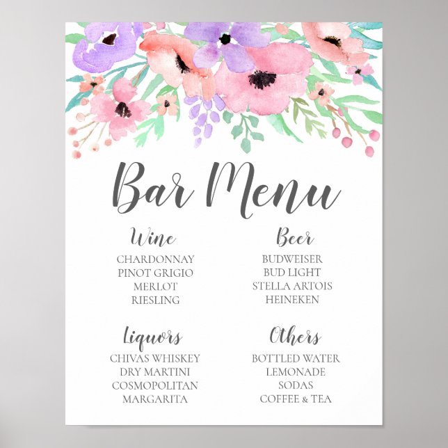 Poster Panneau mariage - Menu Barre Aquarelle Floral Sign (Devant)