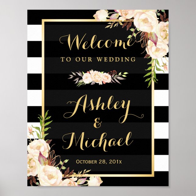 Poster Panneau Mariage noir blanc à rayures (Devant)