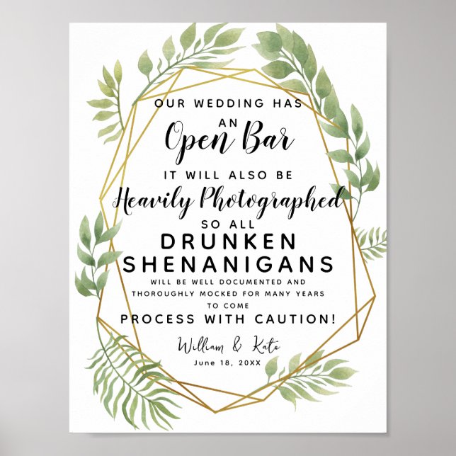 Poster Panneau mariage Open Bar de verdure cristal (Devant)