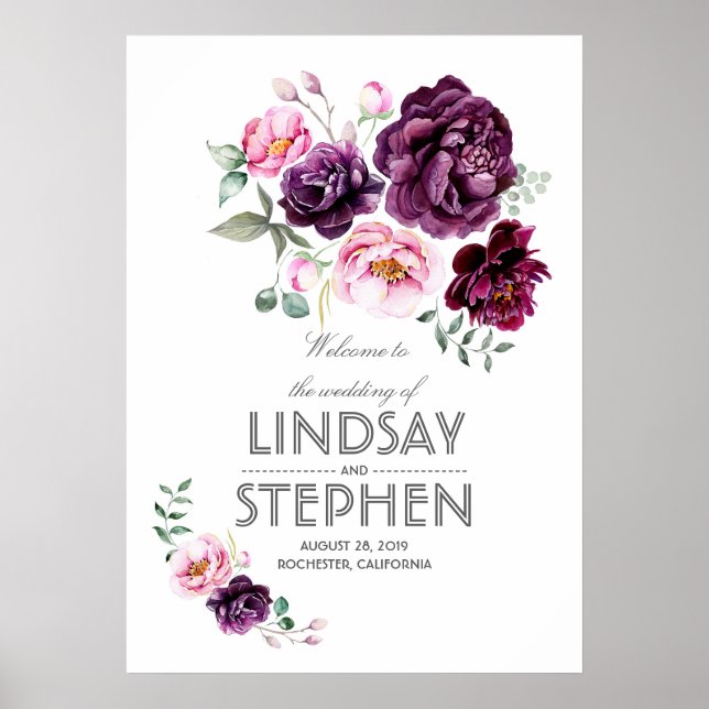 Poster Panneau Mariage Plum Burgundy Blush Floral (Devant)