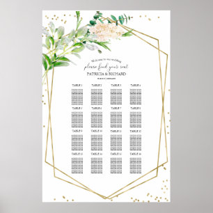 Poster Panneau mariage Seating Chart Vert Élégant Or