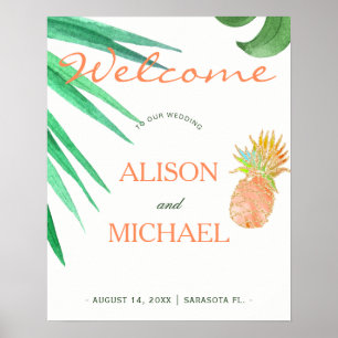 Poster Panneau mariage vert pêche de plage d'ananas tropi
