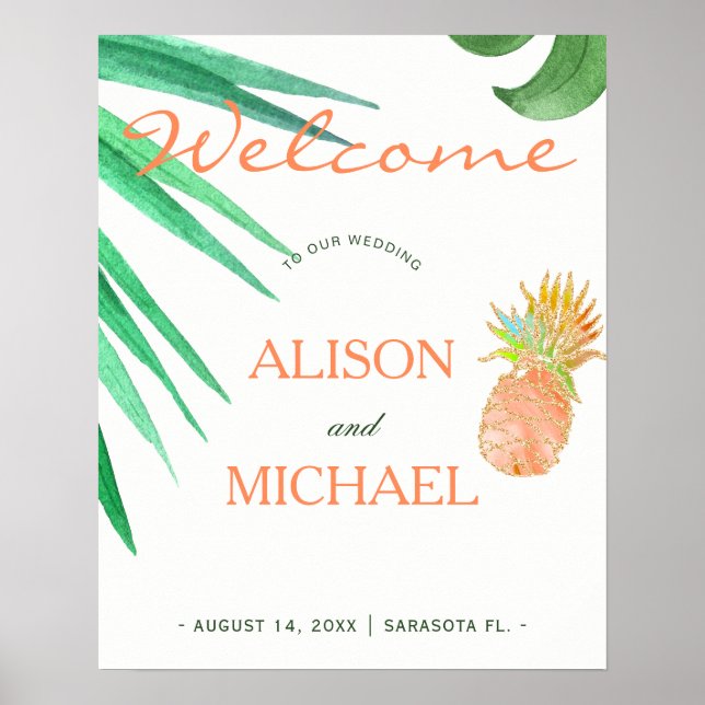 Poster Panneau mariage vert pêche de plage d'ananas tropi (Devant)