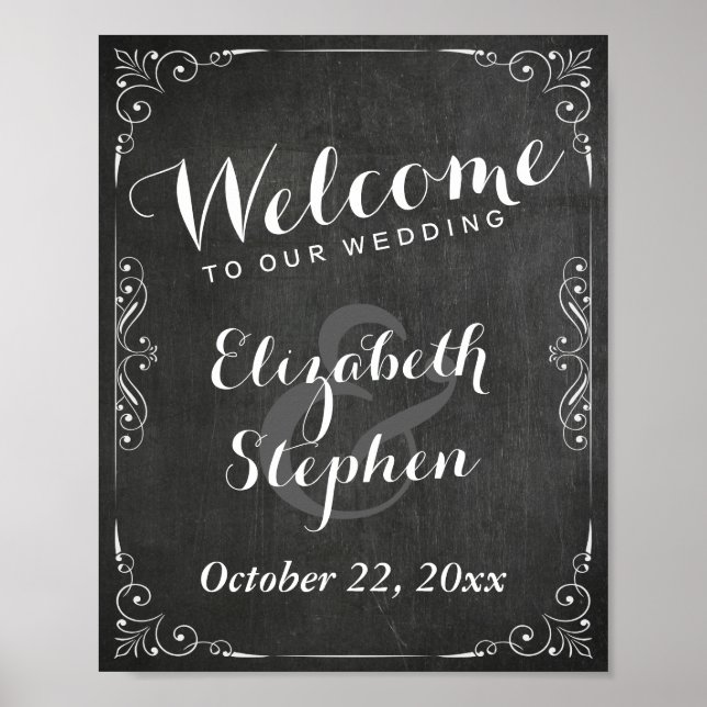 Poster Panneau noir blanc Chalkboard Floral Mariage Signa (Devant)