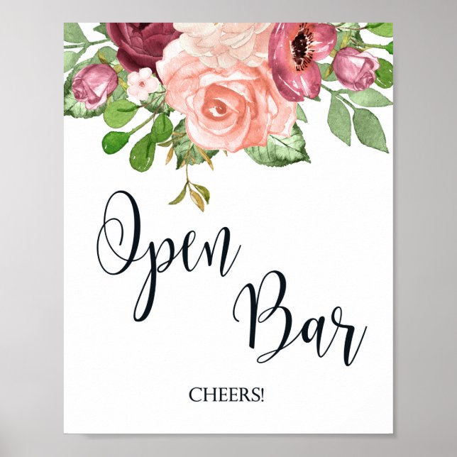 Poster Panneau Open Bar Pink Floral mariage (Devant)